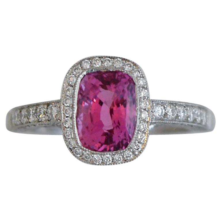 2.58 Carat Big Cushion Natural Fancy Pink Sapphire and Diamond Ring Platinum For Sale