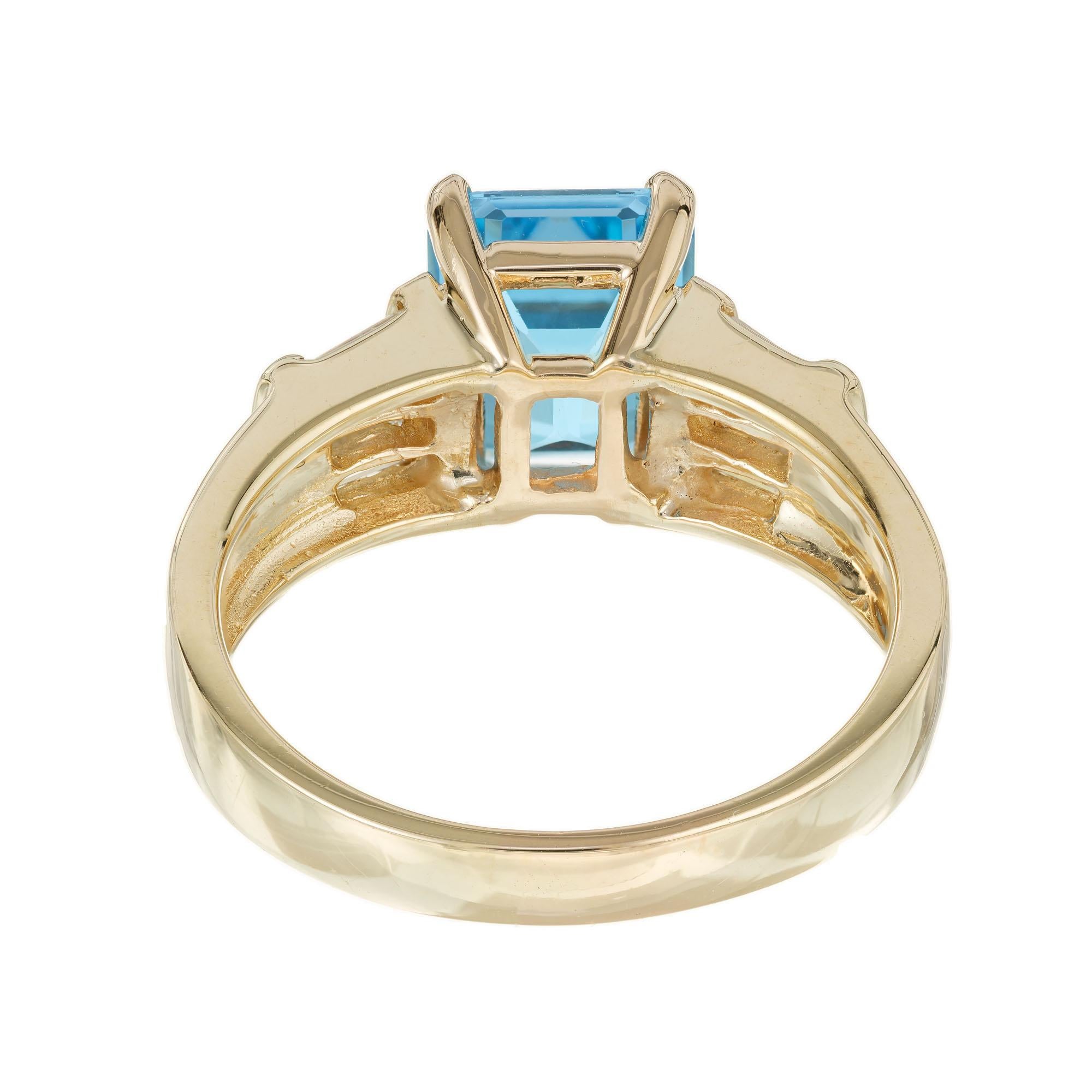 Baguette Cut 2.58 Carat Blue Topaz Diamond Yellow Gold Ring For Sale