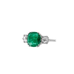 2.58 Carat Colombian Emerald and Old Cut Diamond Three Stone Engagement Ring