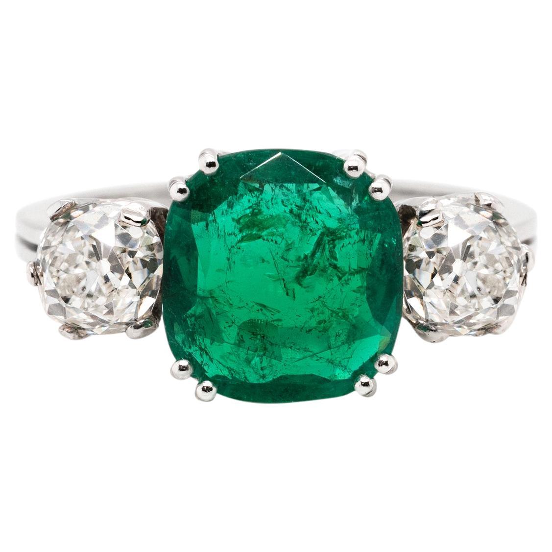 2.58 Carat Colombian Emerald and Old Cut Diamond Three Stone Engagement Ring