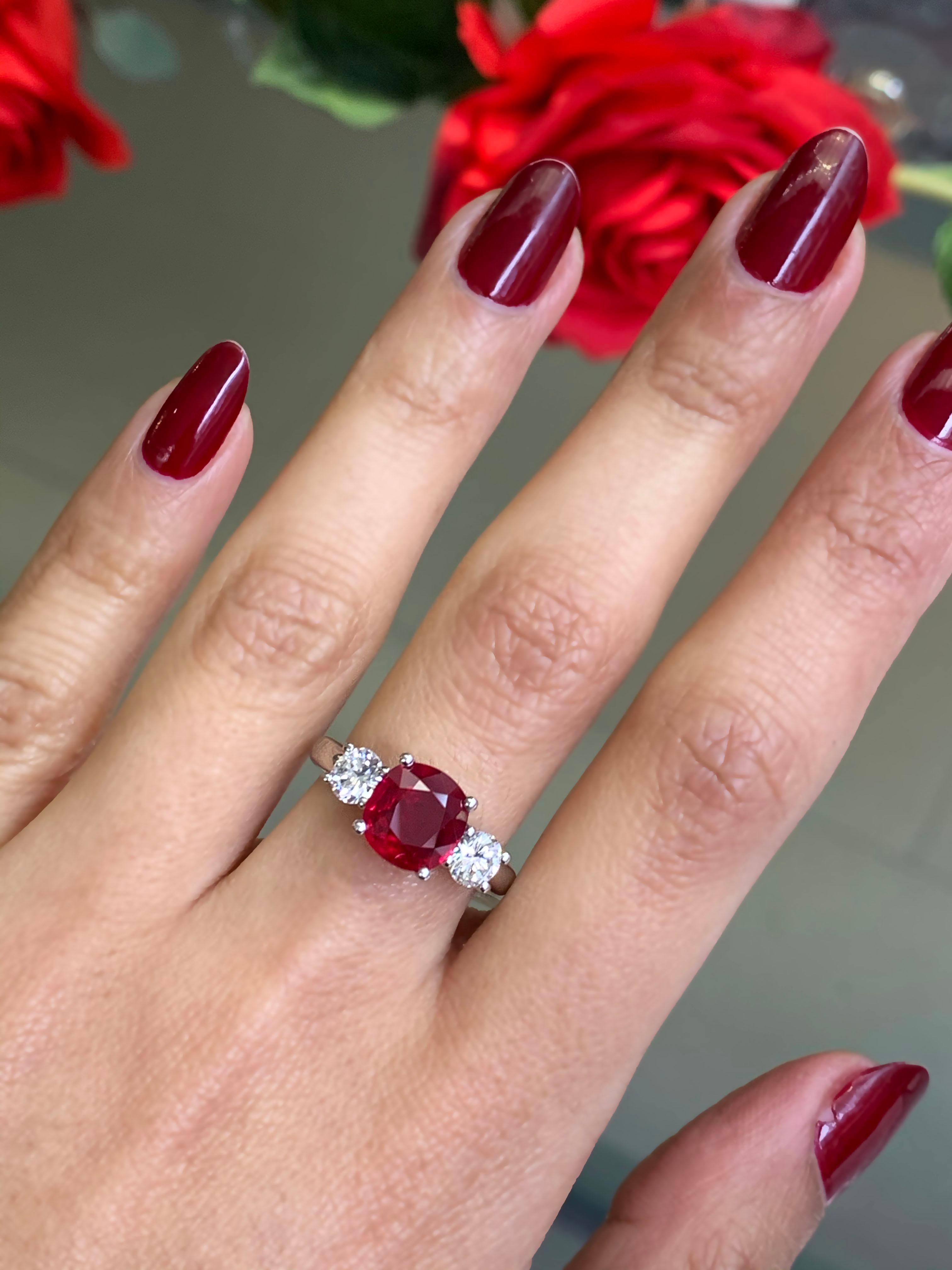 2.58 Carat Cushion Cut Ruby and Diamond Three-Stone Engagement Ring In New Condition For Sale In London, GB