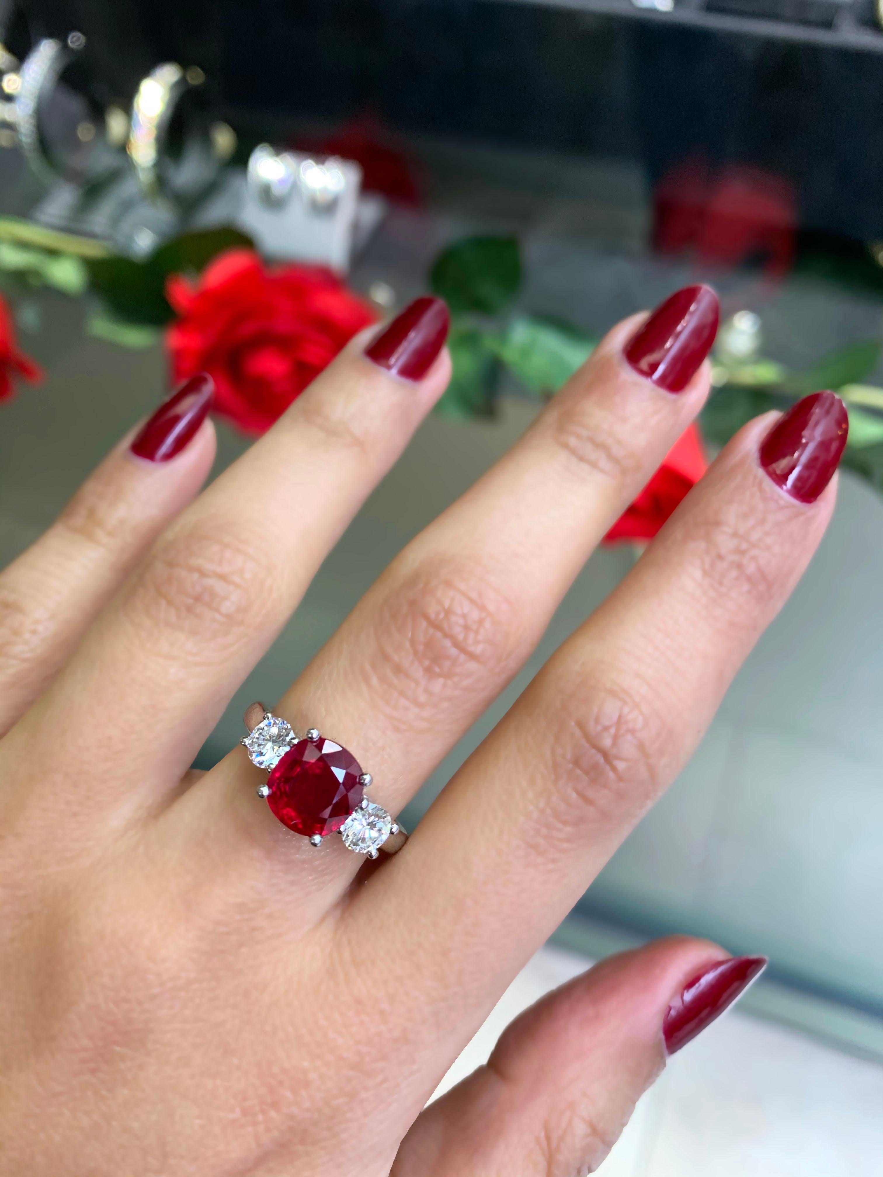 2.58 Carat Cushion Cut Ruby and Diamond Three-Stone Engagement Ring For Sale 1