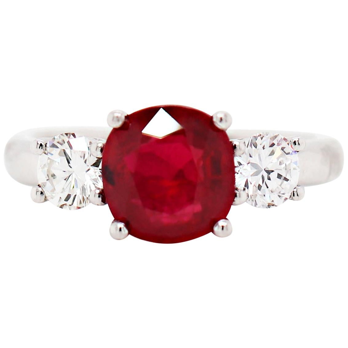 2.58 Carat Cushion Cut Ruby and Diamond Three-Stone Engagement Ring