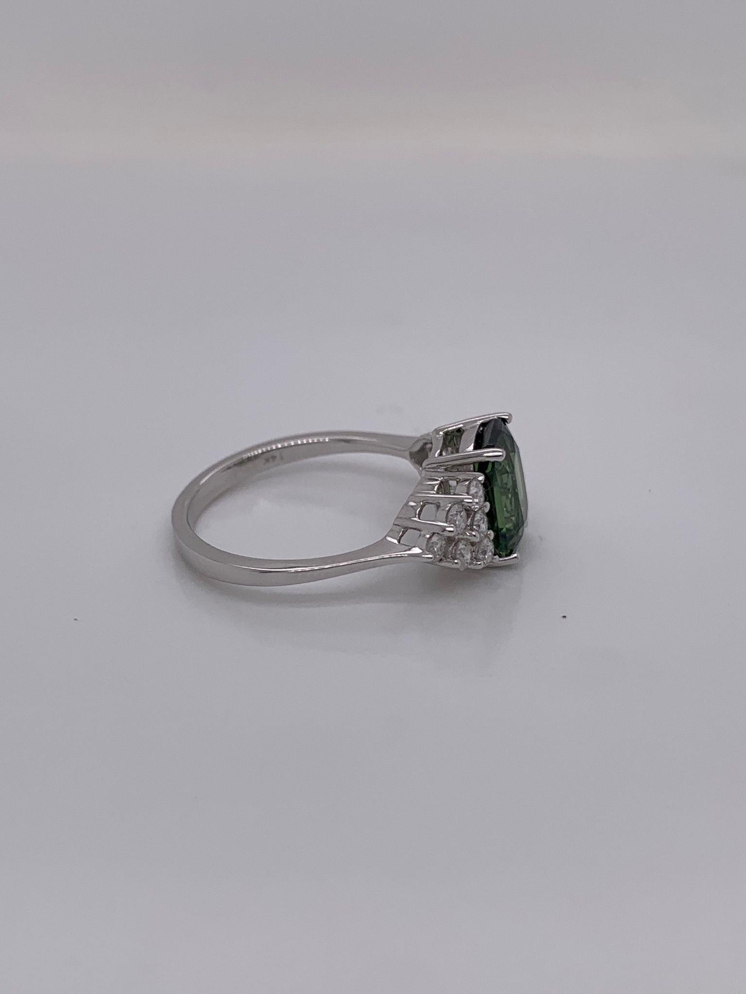 Cushion Cut 2.58 Carat Cushion Green Sapphire & Diamond Ring For Sale
