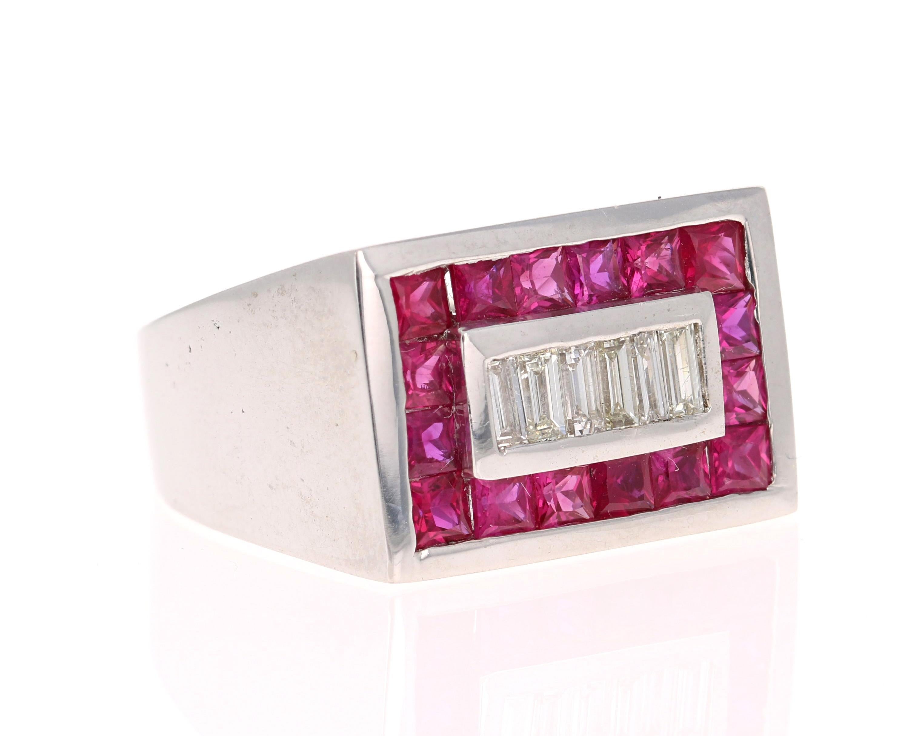 We also carry a unique Men's Collection of Wedding Bands & Rings! 

This amazing piece is set with 16 Square Cut Rubies that weigh 2.11 Carats with a center row of 6 Baguette Cut Diamonds that weigh 0.47 Carats. The Total Carat Weight of the ring is