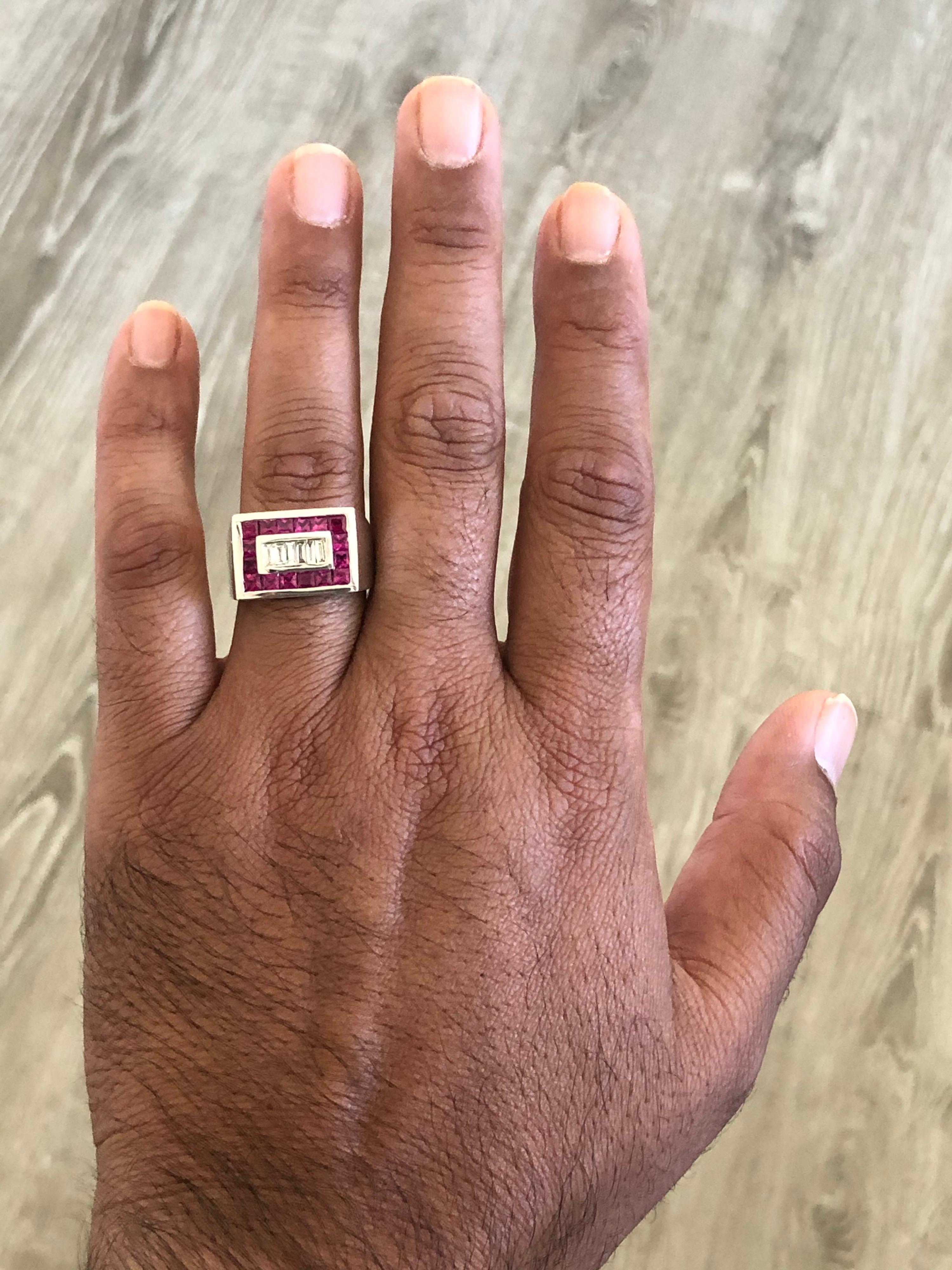 Princess Cut 2.58 Carat Men's Ruby Diamond 14 Karat White Gold Ring