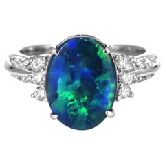 2.58 Carat Natural Australian Black Opal and Diamond Ring Made in Platinum