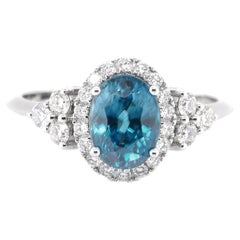 2.58 Carat Natural Blue Zircon and Diamond Ring Set in 18 Karat White Gold