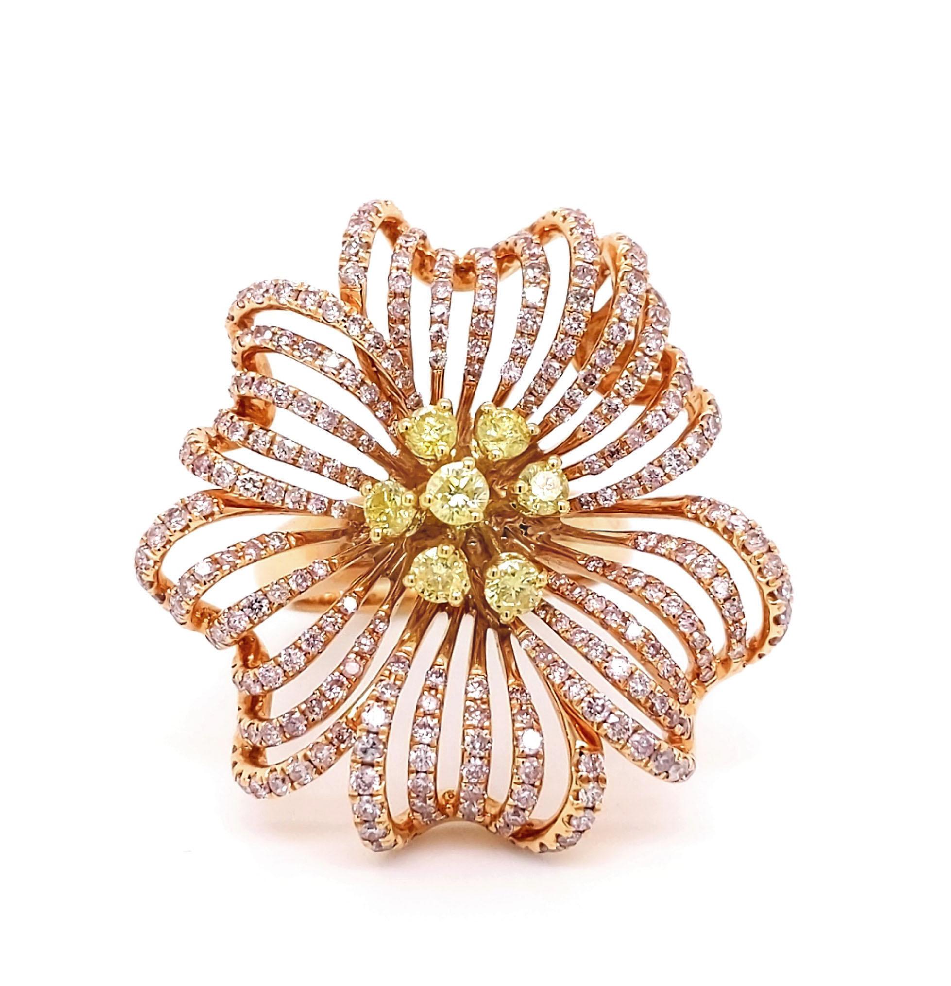 2.58 Carat Natural Fancy Yellow and Pink Diamond Flower Ring in 18k Rose Gold For Sale 1