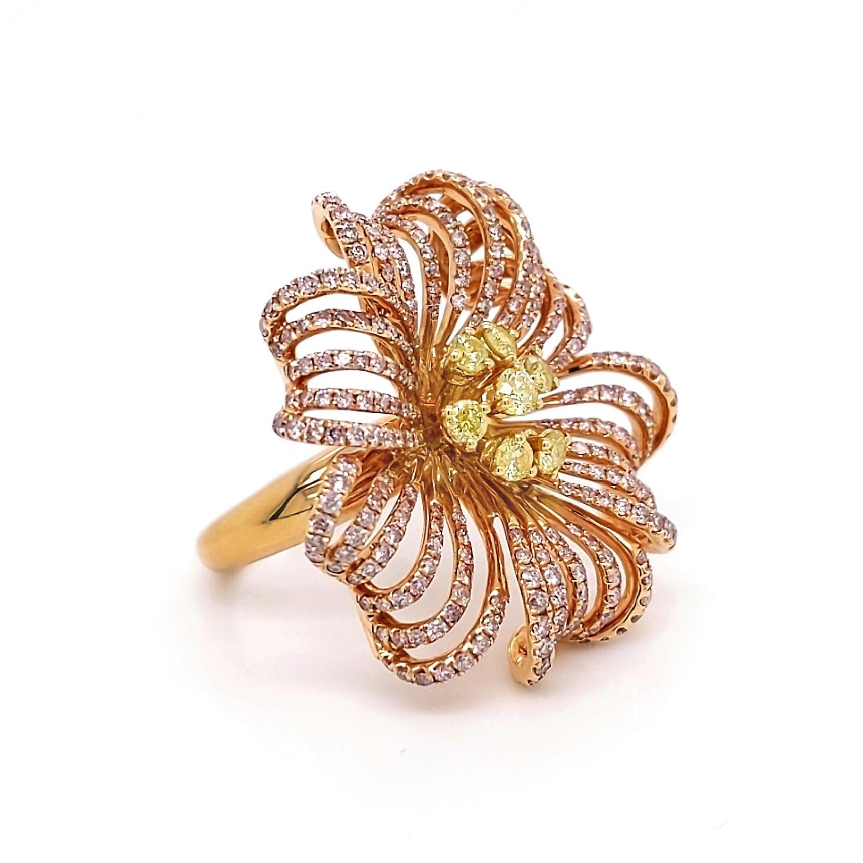 Stylish custom-made Flower Ring in 18k rose gold and 
Total Carat Weight: 2.58 Carats 
Pink Diamonds: 1.99 Carats (total 294 stones)
Yellow Diamonds: 0.59 Carats (total 7 stones)
Setting: 15.10 grams, 18k Rose Gold
