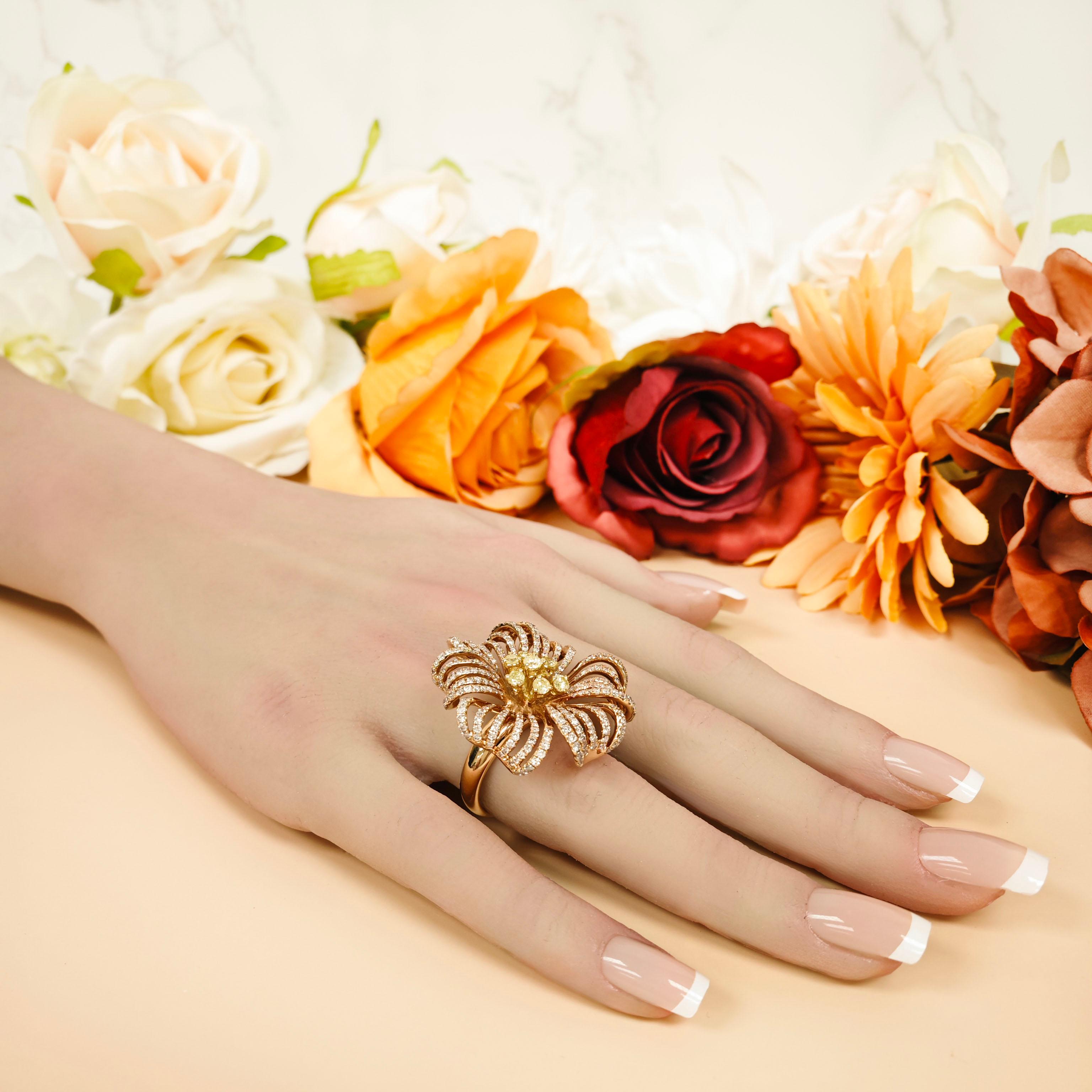 Women's or Men's 2.58 Carat Natural Fancy Yellow and Pink Diamond Flower Ring in 18k Rose Gold For Sale