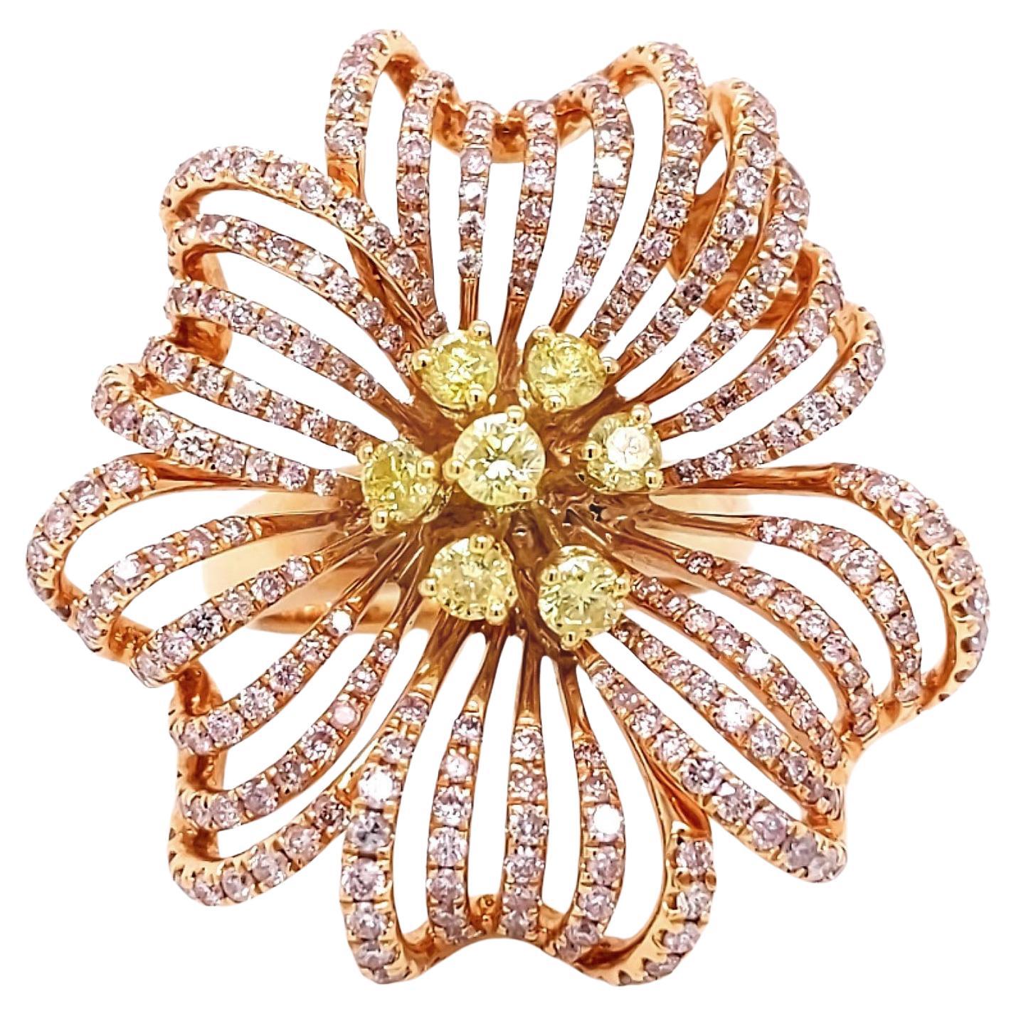 2.58 Carat Natural Fancy Yellow and Pink Diamond Flower Ring in 18k Rose Gold For Sale