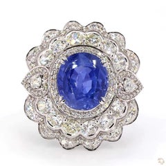 2.58 Carat Old European Cut Diamond Blue Sapphire Gold Ring