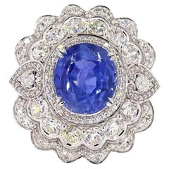 2.58 Carat Old European Cut Diamond Blue Sapphire Gold Ring