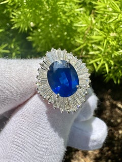 2.58 Carat Oval Cut Blue Sapphire and Diamond Halo Platinum Ballerina Ring