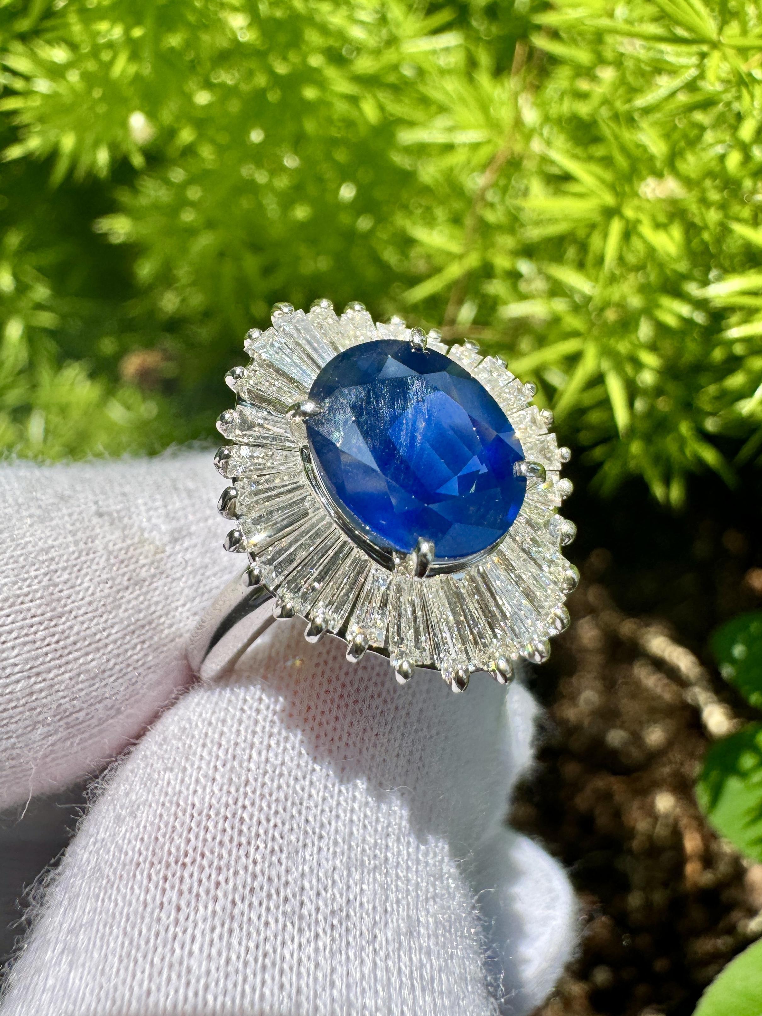 Baroque 2.58 Carat Oval Cut Blue Sapphire and Diamond Halo Platinum Ballerina Ring For Sale