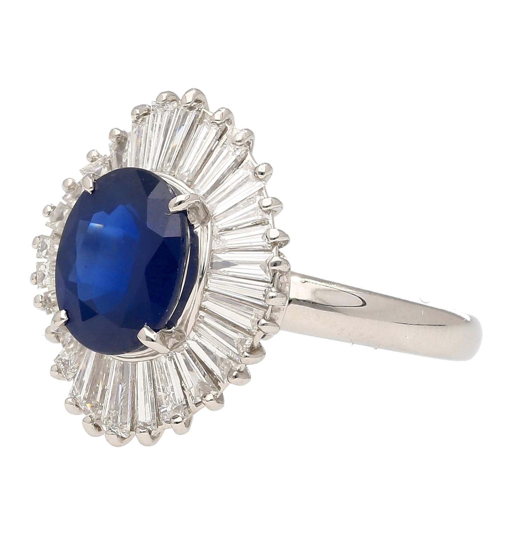2.58 Carat Oval Cut Blue Sapphire and Diamond Halo Platinum Ballerina Ring For Sale 1