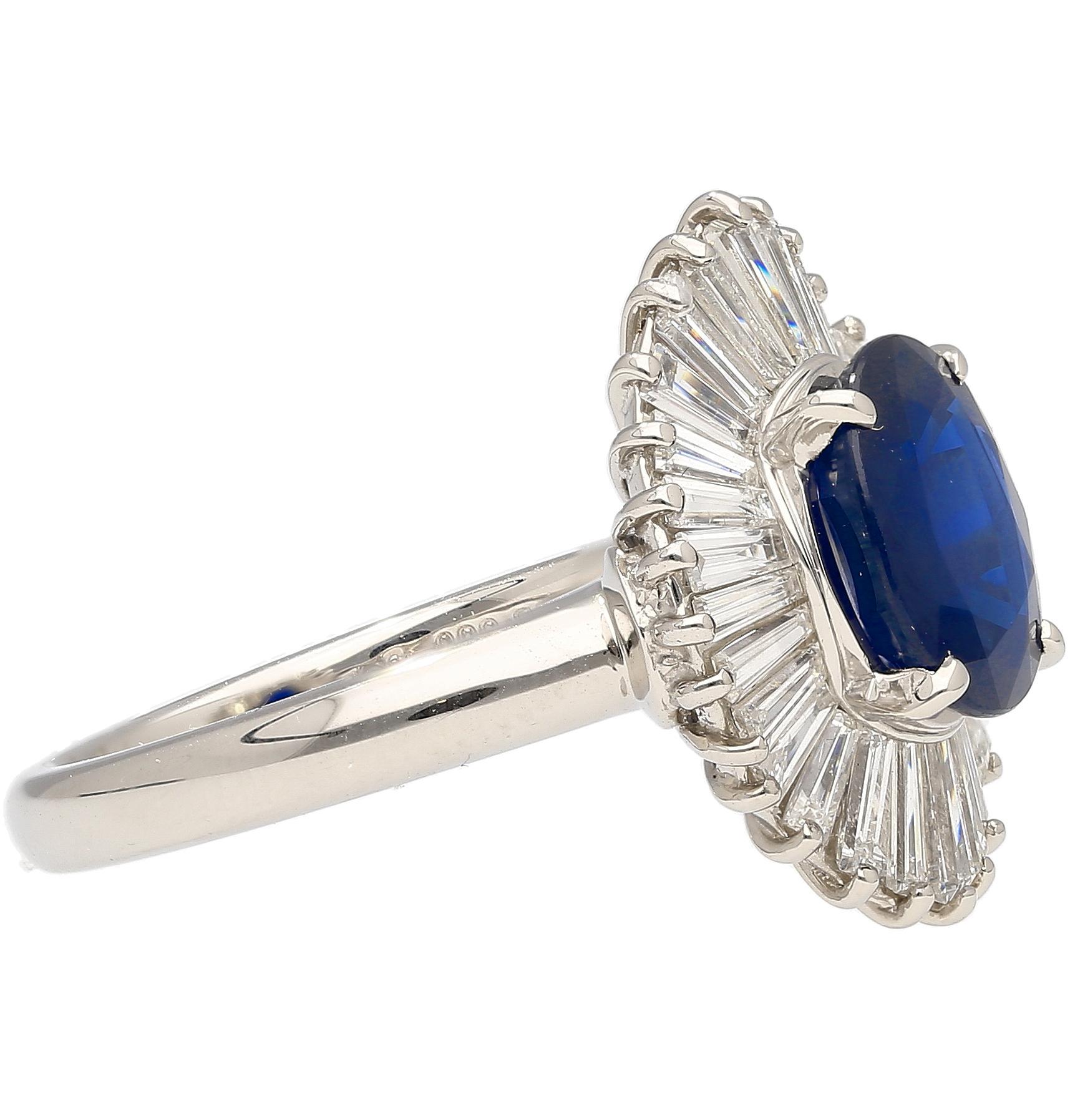 2.58 Carat Oval Cut Blue Sapphire and Diamond Halo Platinum Ballerina Ring For Sale 2