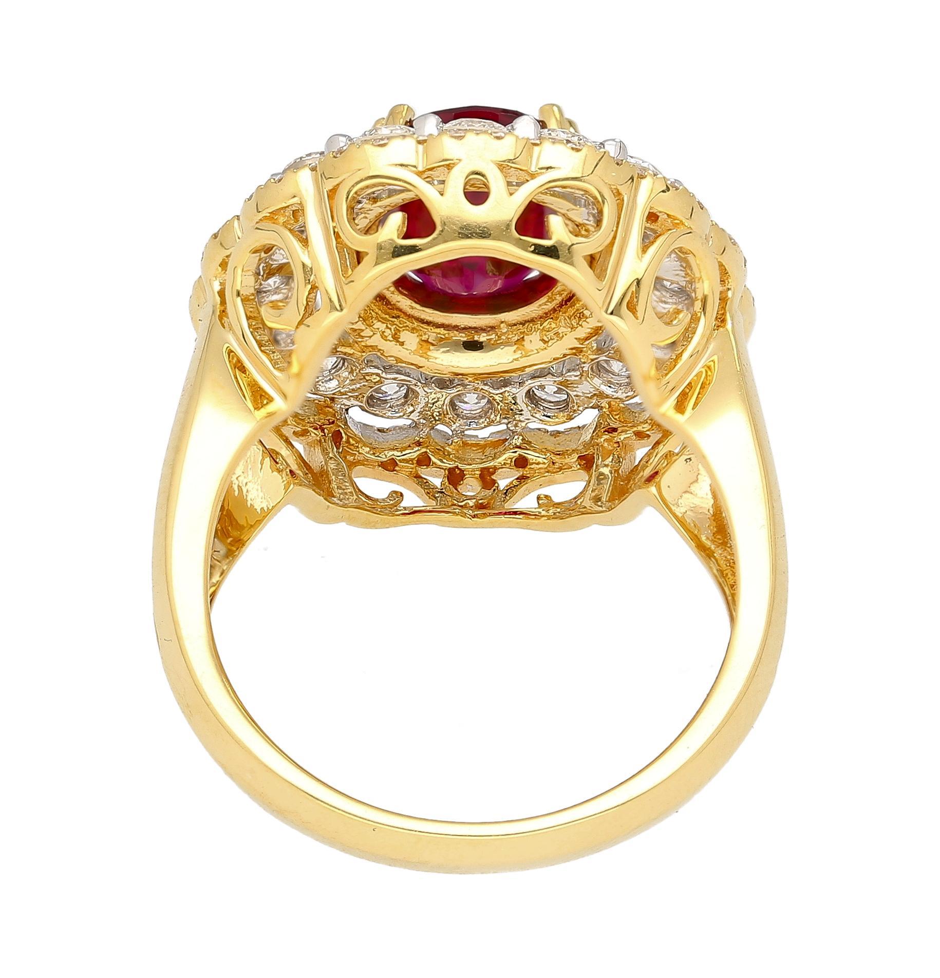 GRS Certified 2.58 Carat Oval Cut Thai Ruby with Diamond Three Rings Of Round Cut Diamond Halo in Two Tone 18k Gold. Retro inspired design vintage ring setting. 

16 round-cut natural diamonds totaling 0.91 carats and 70 round-cut natural diamonds