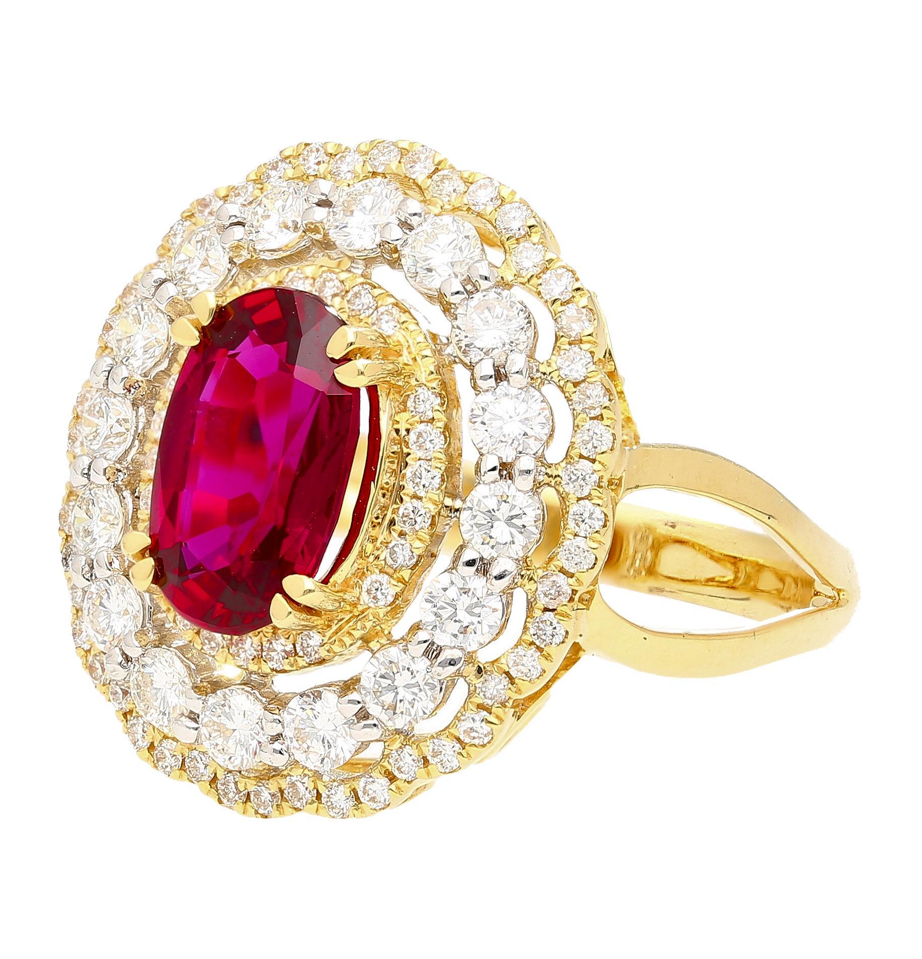 Contemporary 2.58 Carat Oval Thai Ruby & Diamond Halo Retro Wide Frame Ring For Sale
