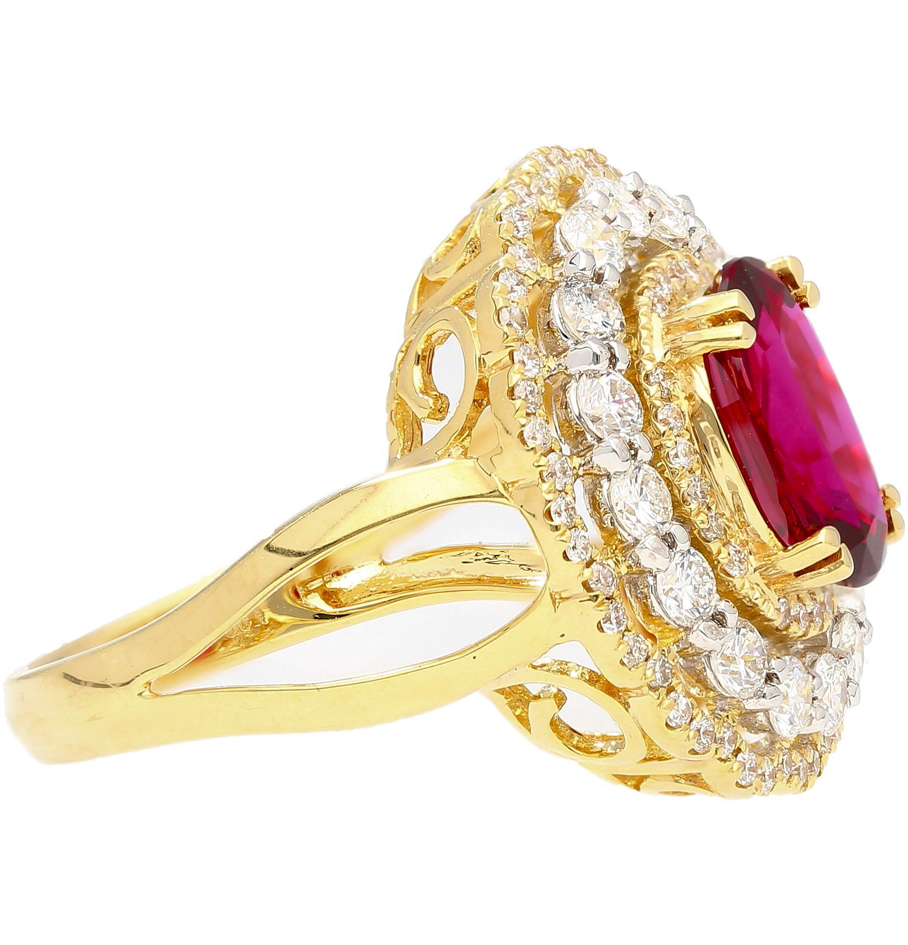 Oval Cut 2.58 Carat Oval Thai Ruby & Diamond Halo Retro Wide Frame Ring For Sale