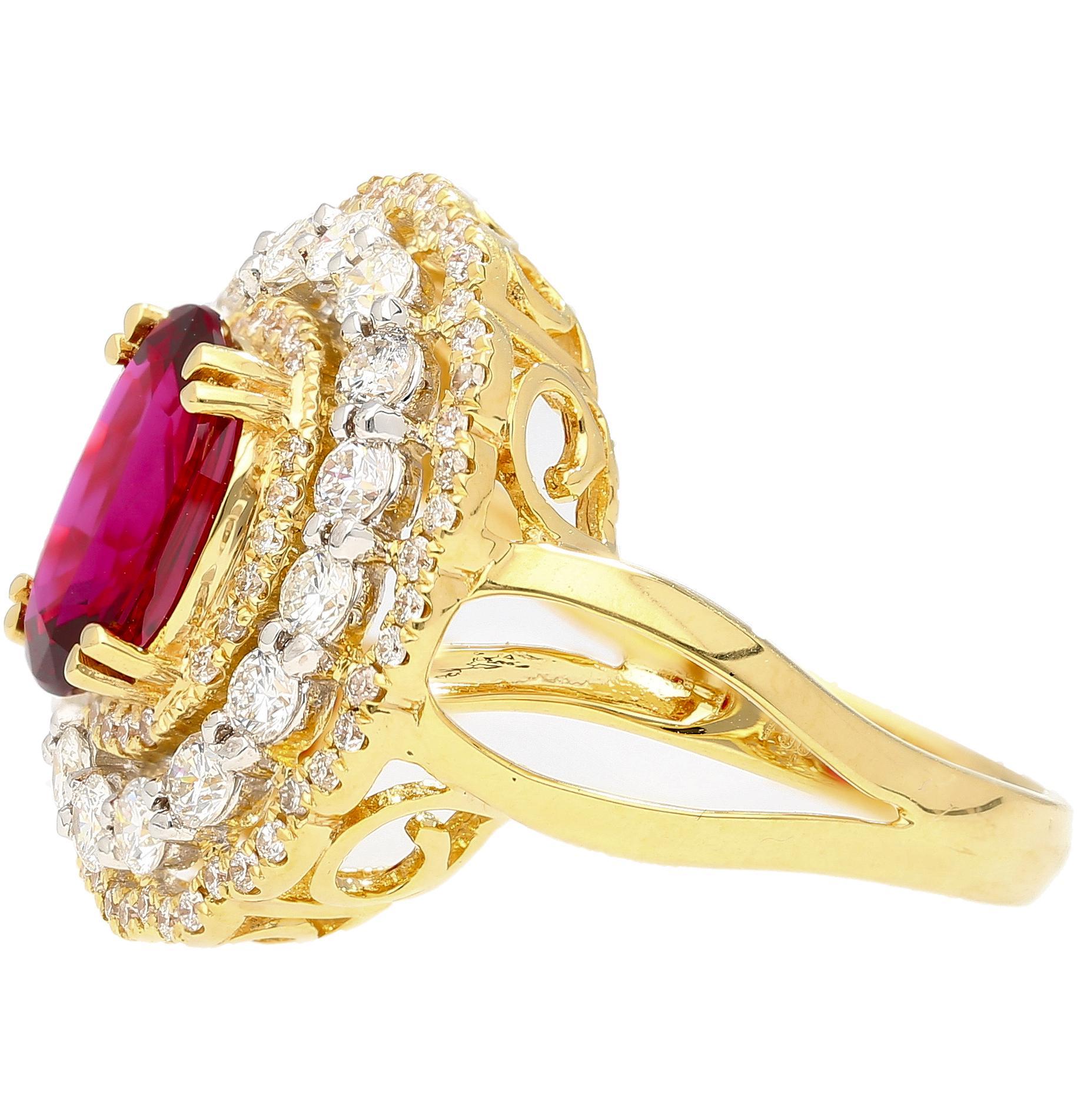 2.58 Carat Oval Thai Ruby & Diamond Halo Retro Wide Frame Ring Neuf - En vente à Miami, FL