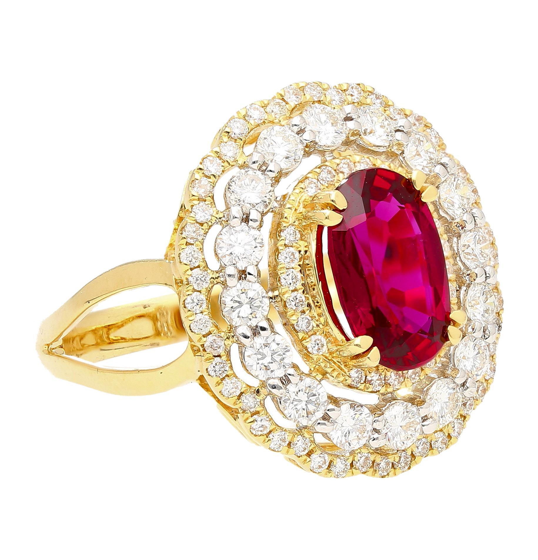 Women's 2.58 Carat Oval Thai Ruby & Diamond Halo Retro Wide Frame Ring For Sale