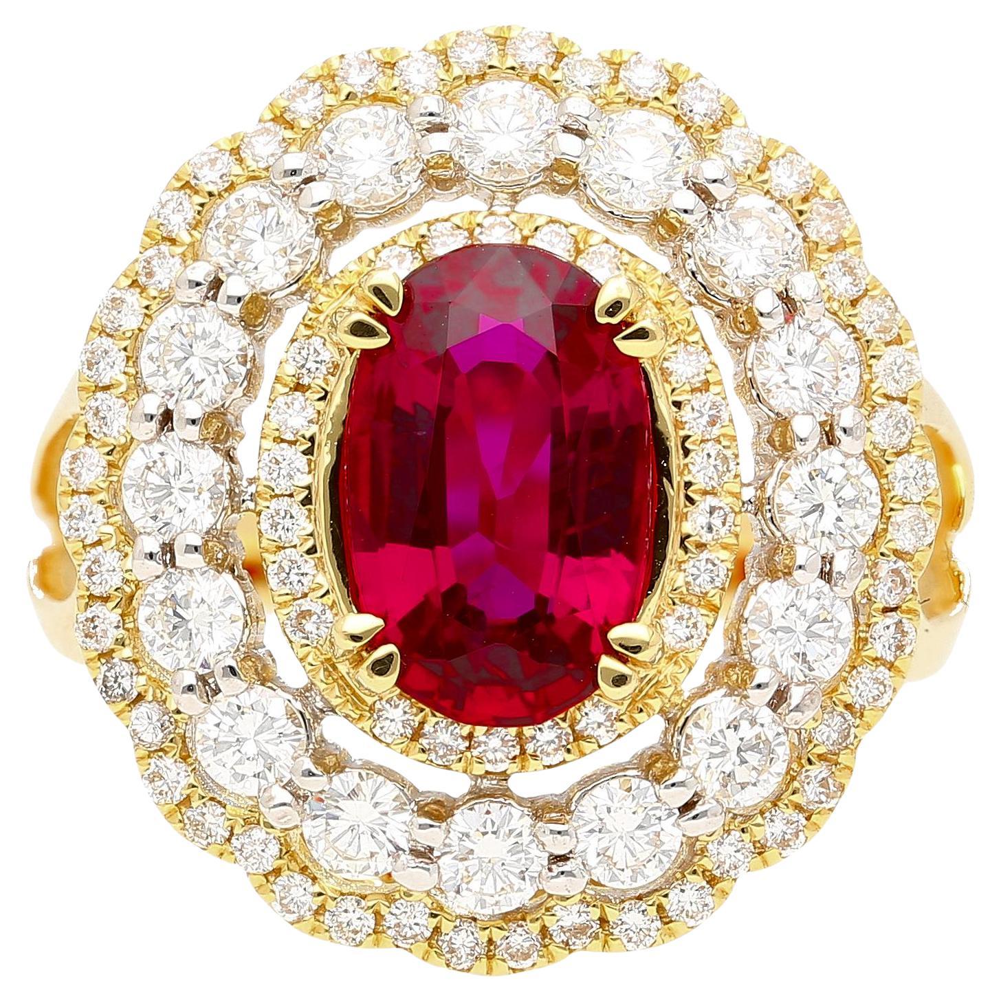 2.58 Carat Oval Thai Ruby & Diamond Halo Retro Wide Frame Ring For Sale