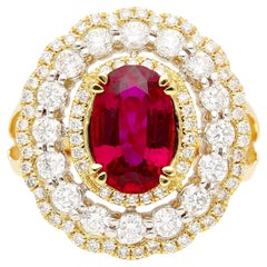 2.58 Carat Oval Thai Ruby & Diamond Halo Retro Wide Frame Ring