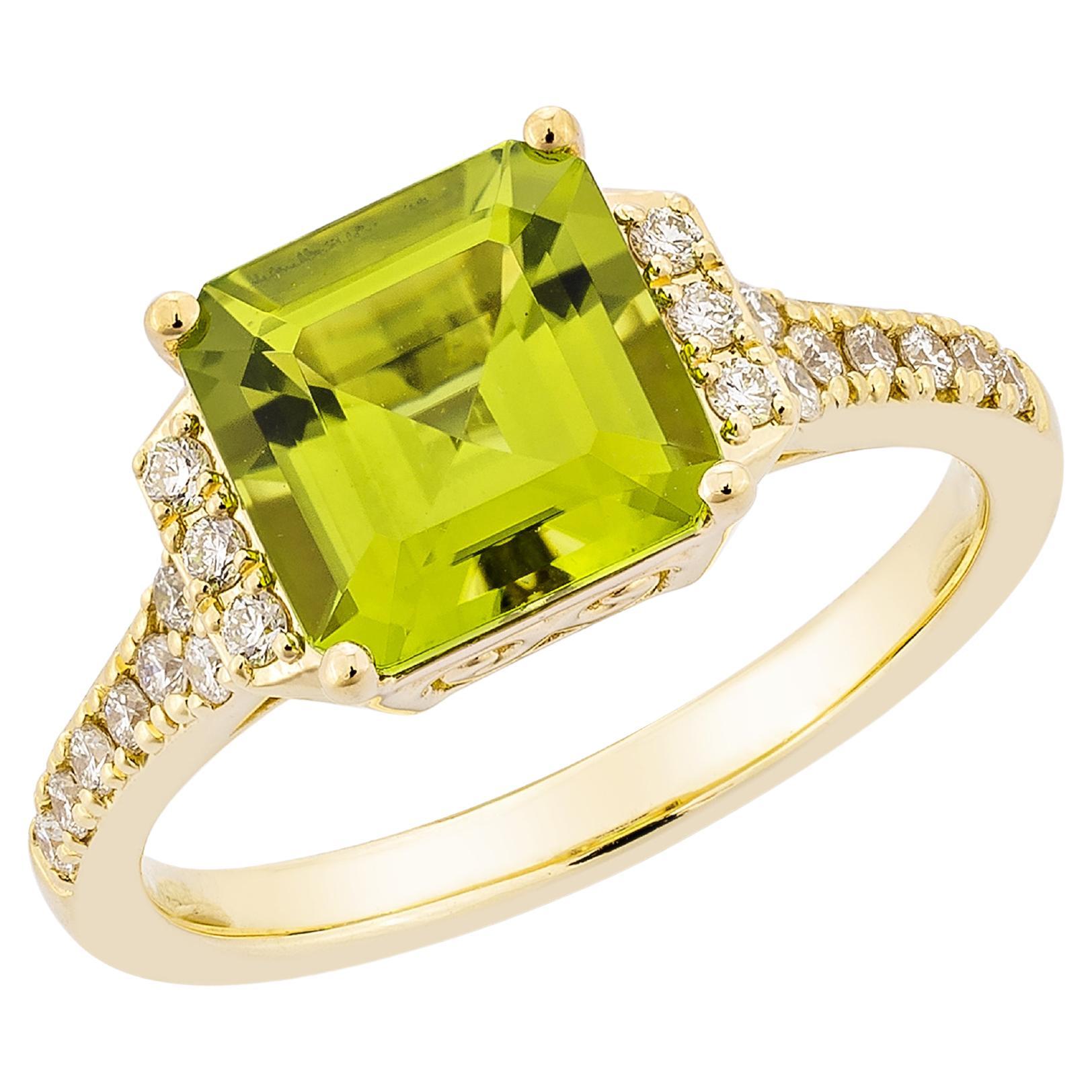 2.58 Carat Peridot Fancy Ring in 18 Karat Yellow Gold with White Diamond.   For Sale