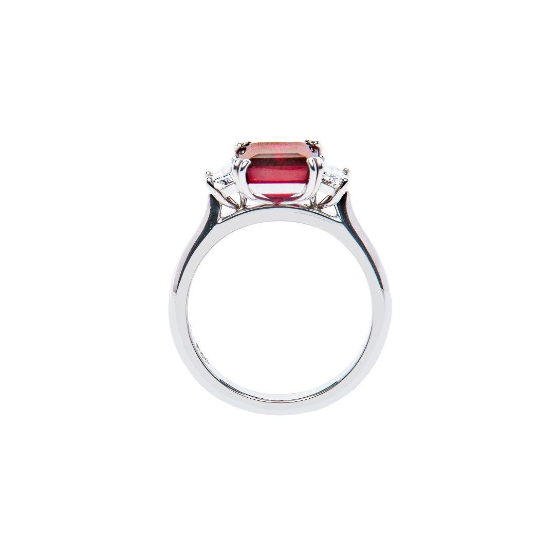 2.58 Carat Red Rubellite Emerald Cut Diamond Three-Stone Ring Natalie Barney In New Condition In Crows Nest, NSW