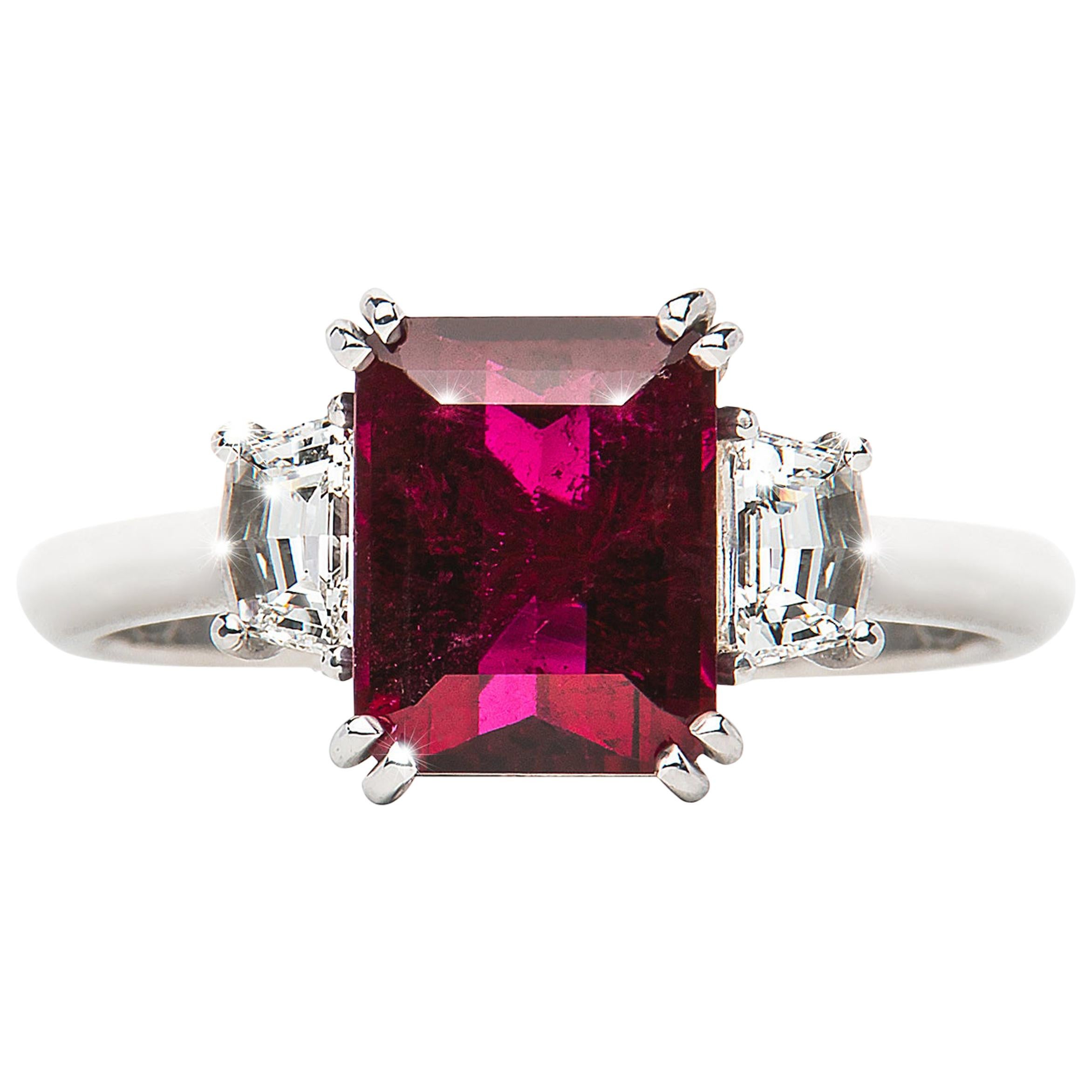 2.58 Carat Red Rubellite Emerald Cut Diamond Three-Stone Ring Natalie Barney