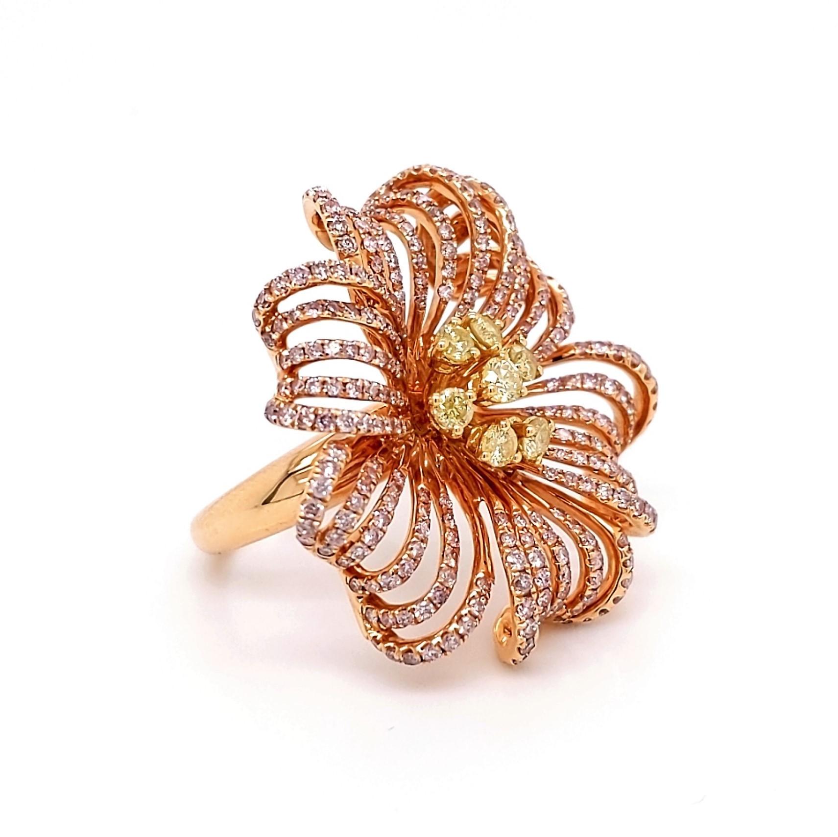 Stylish custom-made Flower Ring in 18k rose gold and 
Total Carat Weight: 2.58 Carats 
Pink Diamonds: 1.99 Carats (total 294 stones)
Yellow Diamonds: 0.59 Carats (total 7 stones)
Setting: 15.10 grams, 18k Rose Gold

