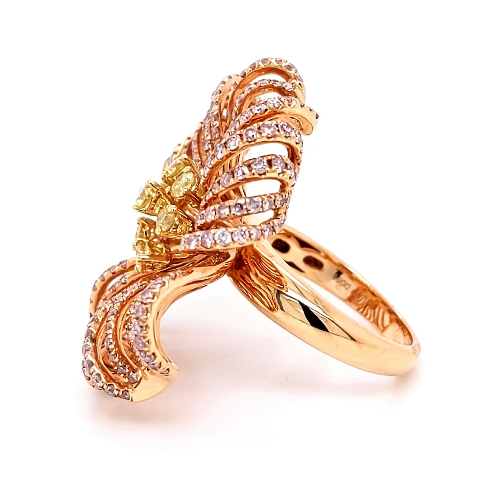 Contemporary 2.58 Carat Natural Fancy Yellow and Pink Diamond Flower Ring in 18k Rose Gold For Sale