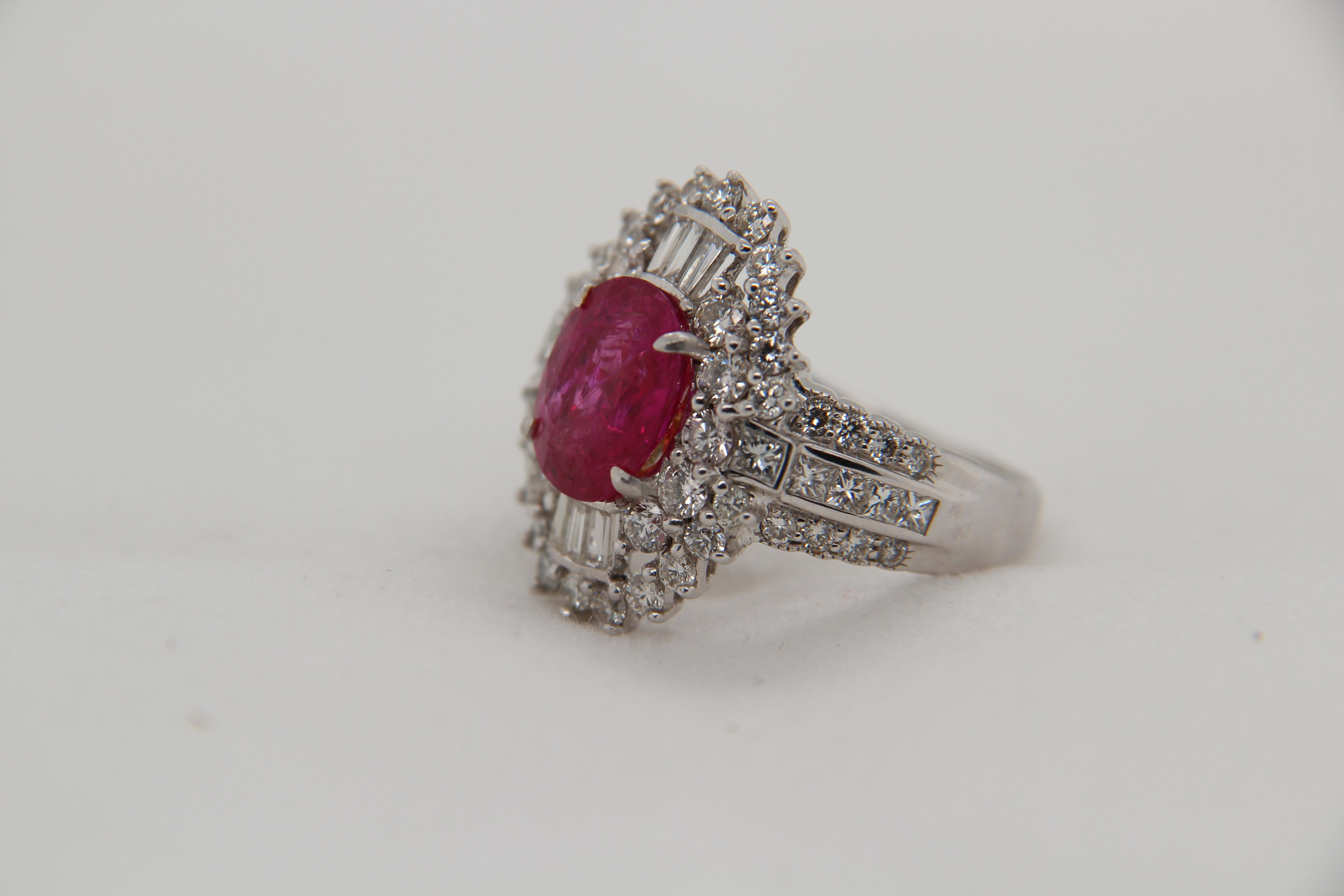 A brand new 2.58 carat ruby and diamond ring in 18 karat gold. The ruby weigh 2.58 carat and diamond weigh 1.61 carat. The total ring weight is 7.14 grams. The ring size US = 6.25 and EU = 53.