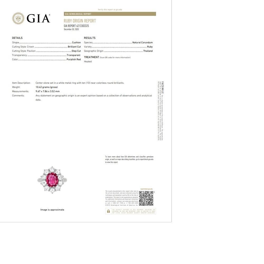 2.58 Carat Ruby Diamond Princess Diana Platinum Ring, GIA Certified For Sale 11