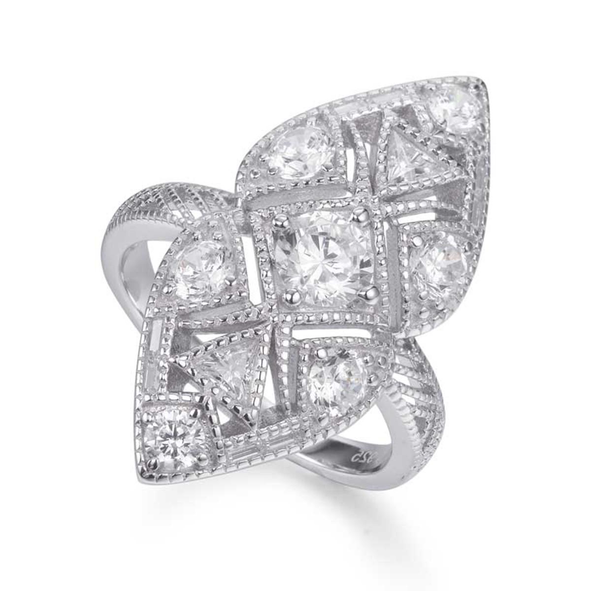 Part of our Deco Collection, and inspired by the roaring twenties, this show stopping design has the same timeless appeal as this iconic decade. 

A centre round brilliant cut cubic zirconia flanked by two trillion cuts, and surrounded by seven