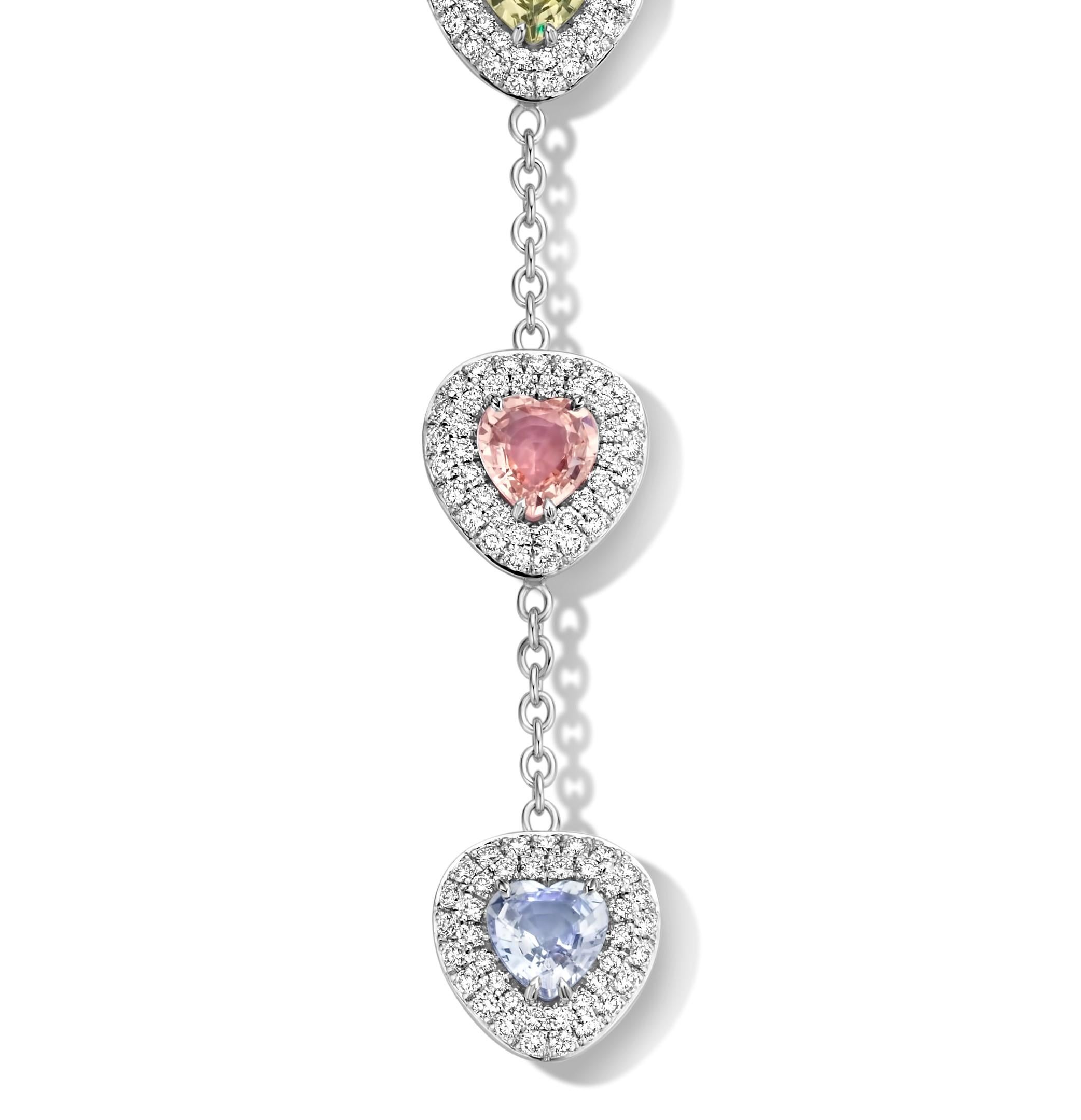 Heart Cut 2.58 Carat Yellow, Pink, Purple Sapphire 18 Karat Diamond Pendant Necklace