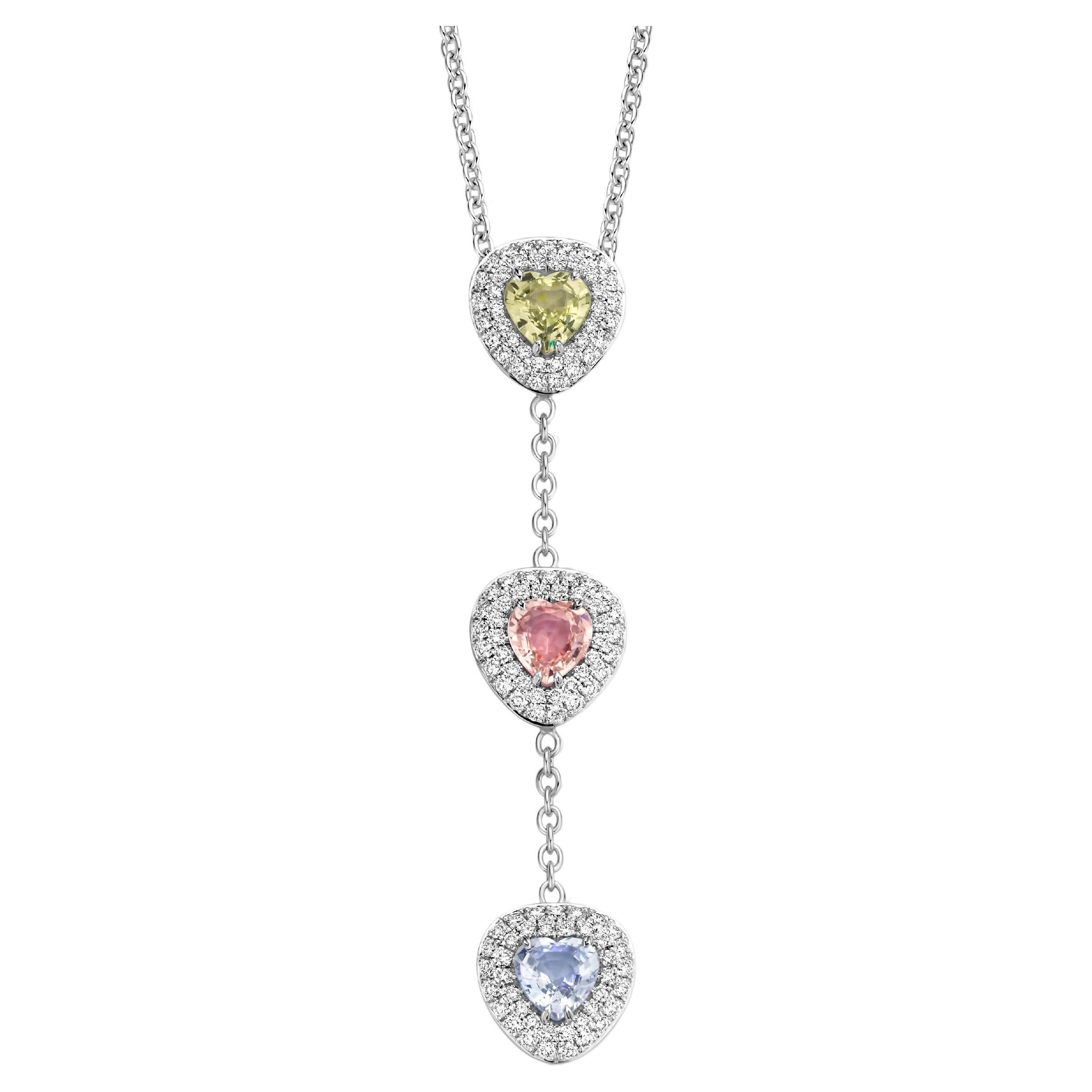 2.58 Carat Yellow, Pink, Purple Sapphire 18 Karat Diamond Pendant Necklace