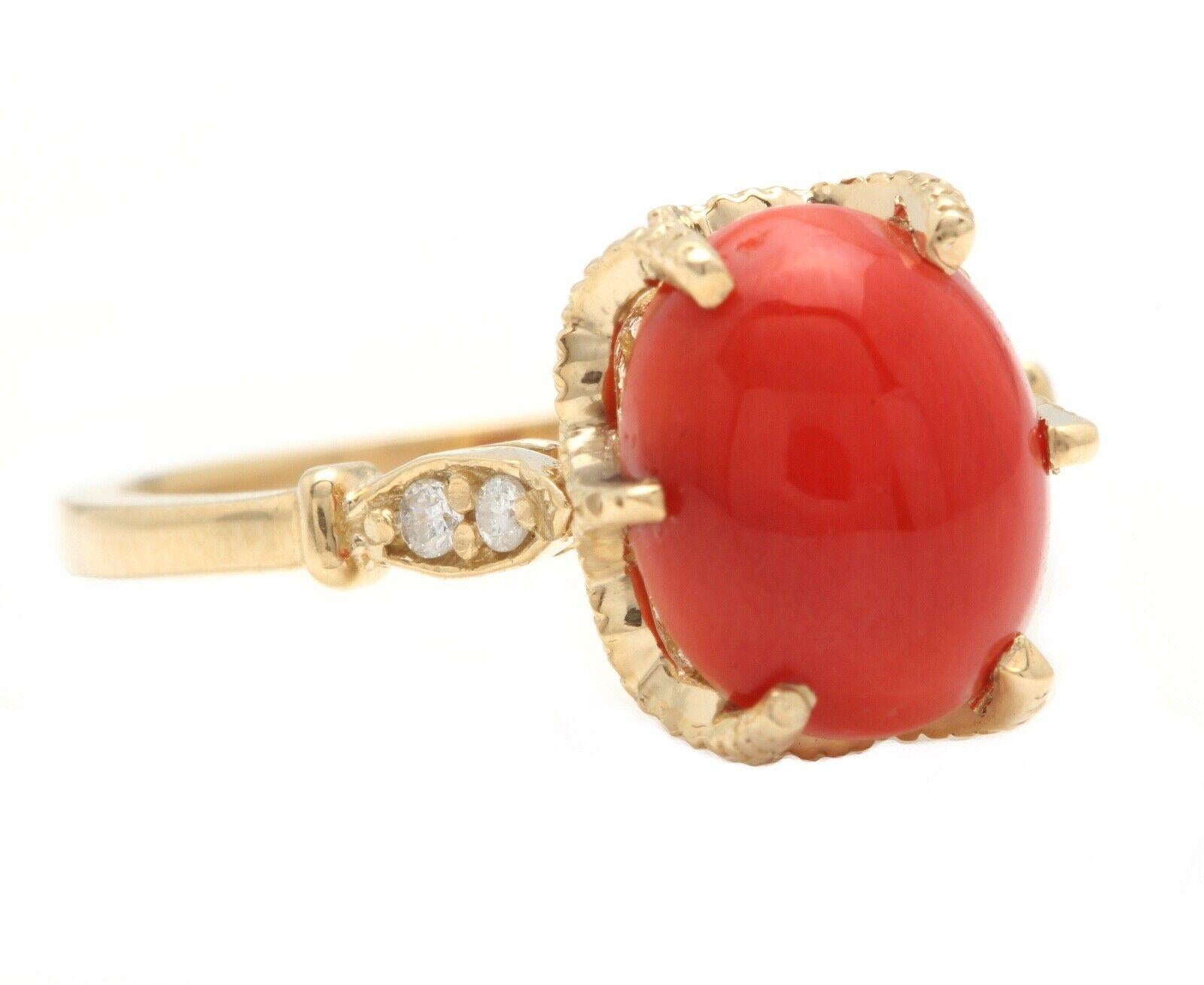 2.58 Carats Natural Impressive Coral and Diamond 14K Solid Yellow Gold Ring

Suggested Replacement Value $4,500.00

Total Natural Oval Coral Weight is: Approx. 2.50 Carats 

Coral Measures: 10.00 x 8.00 mm 

Natural Round Diamonds Weight: Approx.