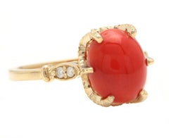2.58 Carats Natural Impressive Coral and Diamond 14K Solid Yellow Gold Ring