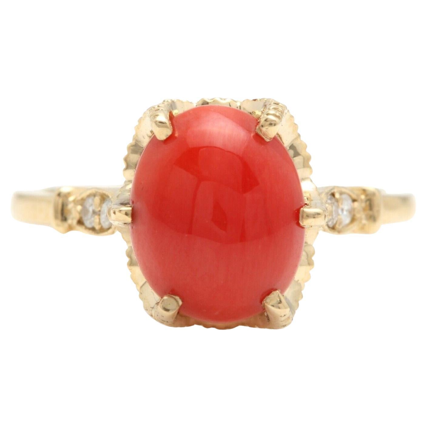2.58 Carats Natural Impressive Coral and Diamond 14K Solid Yellow Gold Ring For Sale