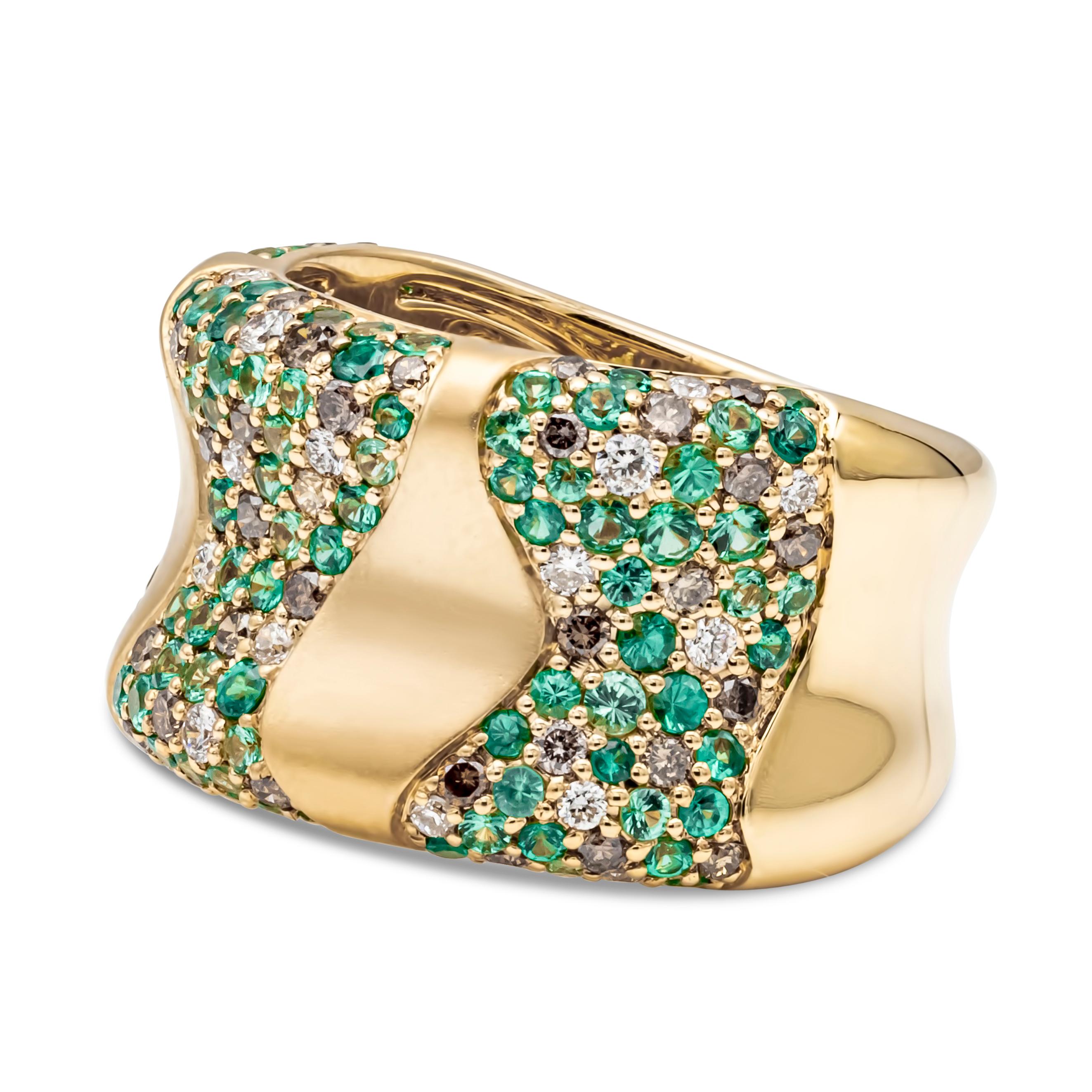 Contemporary 2.58 Carats Total Mixed Round Tsavorite, Brown & White Diamond Fashion Ring For Sale