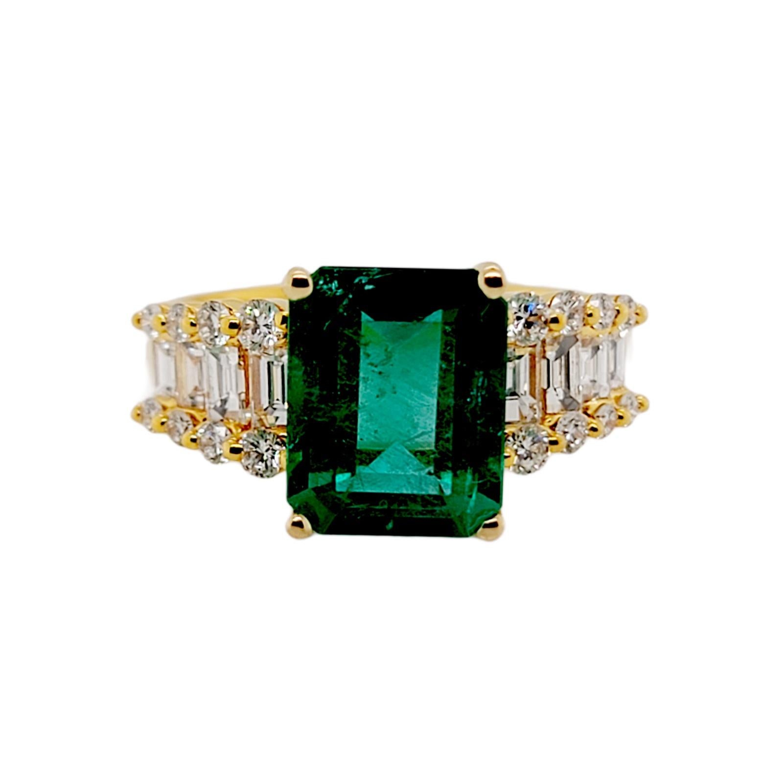 100% Authentic, 100% Customer Satisfaction

Height: 10 mm

Band Width: 2.5 mm

Size: 6.5 ( Contact Us for Sizing)

Metal:18K Yellow Gold

Hallmarks: 18K

Total Weight: 4.5 Grams

Stone Type: 2.58 CT Zambian Emerald & 1.03 CT Diamonds

Condition: