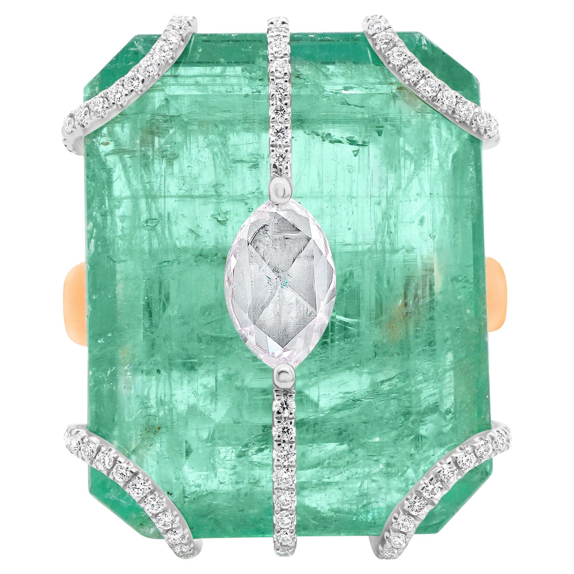 25.81 Carat Colombian Emerald Studded with White Diamond Crown Statement Ring For Sale