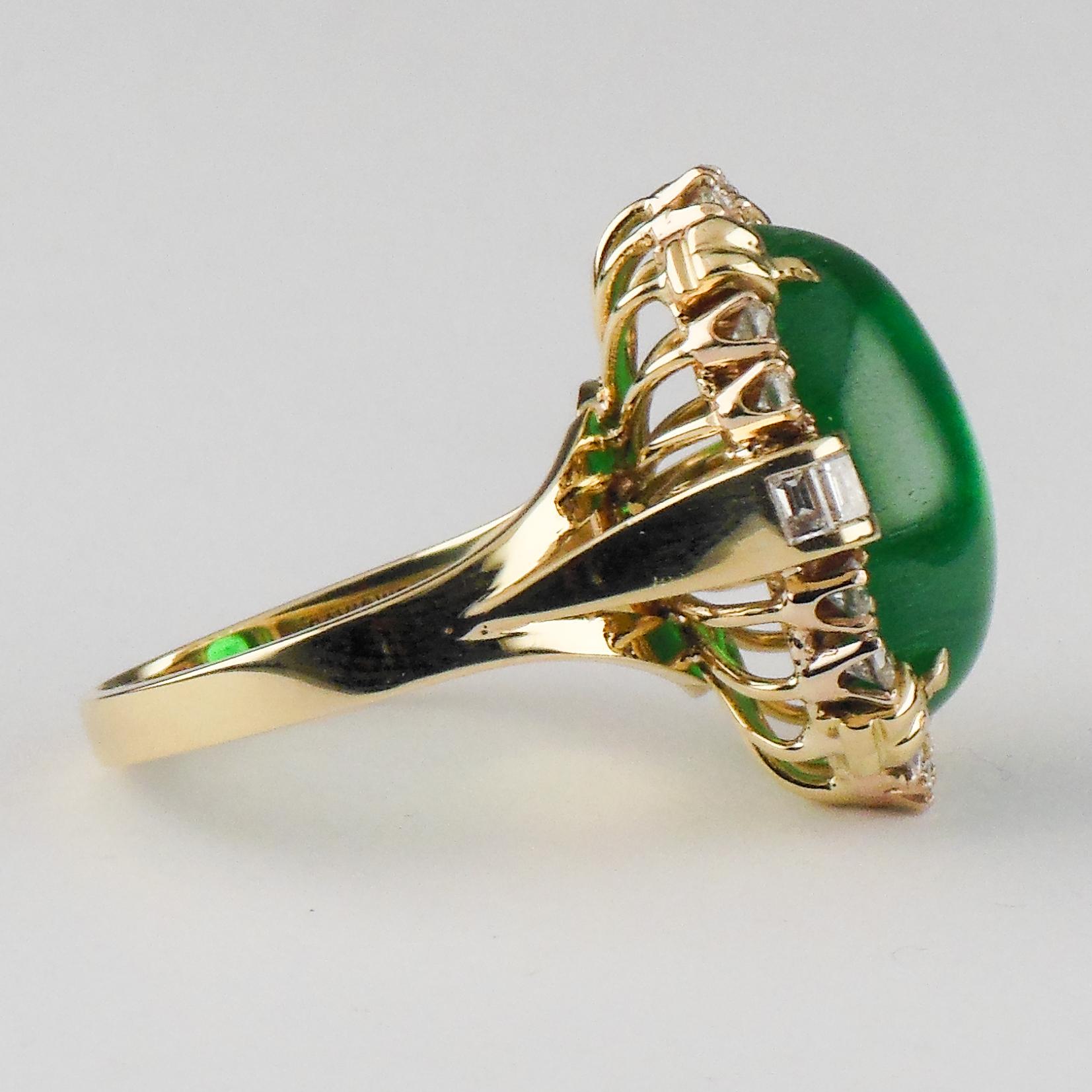 Oval Cut 25.82 Carat Colombian Emerald Cabochon Diamond Yellow Gold Cocktail Ring