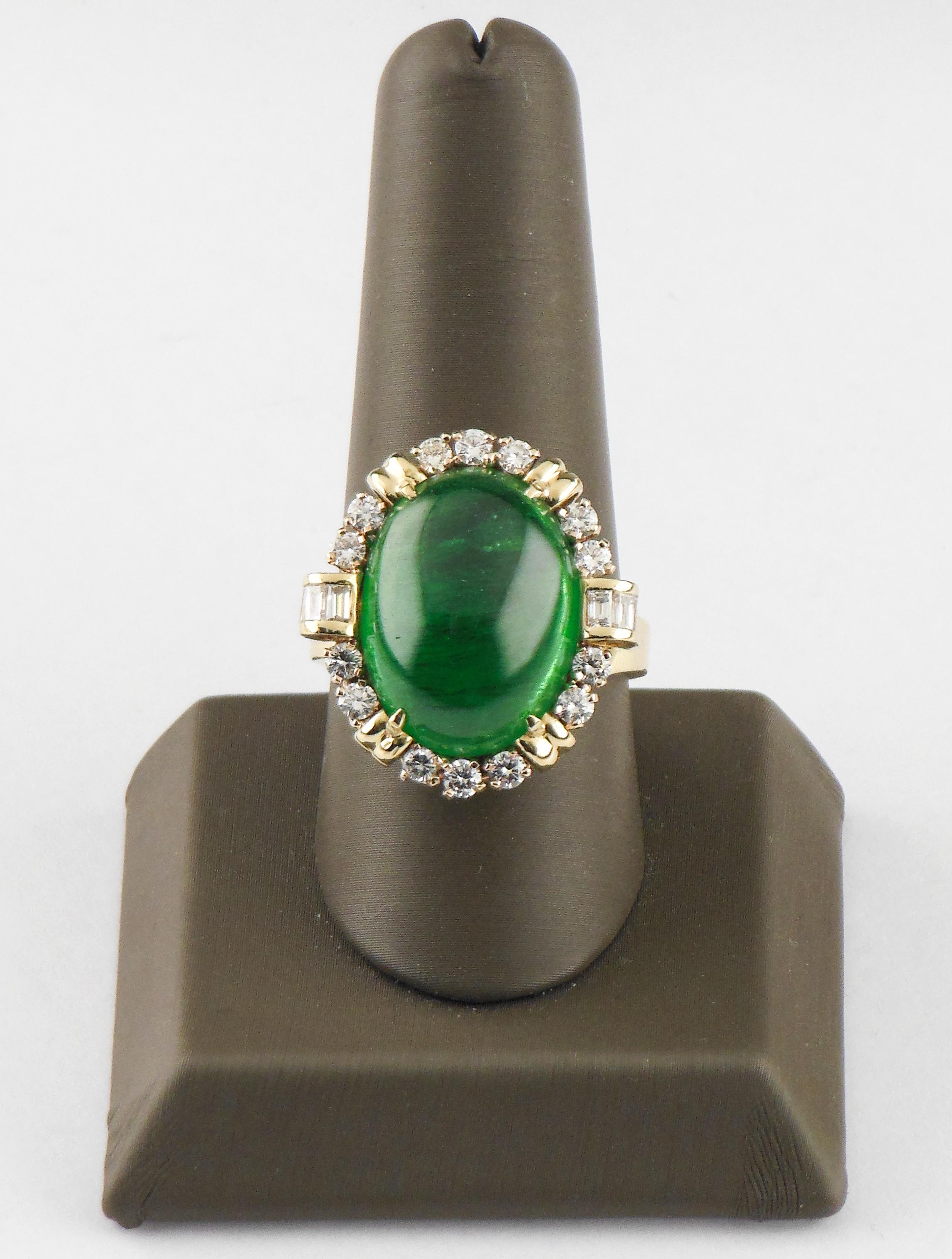Women's 25.82 Carat Colombian Emerald Cabochon Diamond Yellow Gold Cocktail Ring