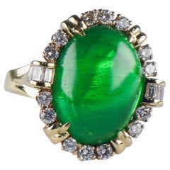 Vintage 25.82 Carat Colombian Emerald Cabochon Diamond Yellow Gold Cocktail Ring