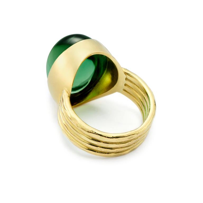 Contemporary 25.82 Carat Green Tourmaline Four Band Ring Set in Hammered 18 Karat Gold For Sale