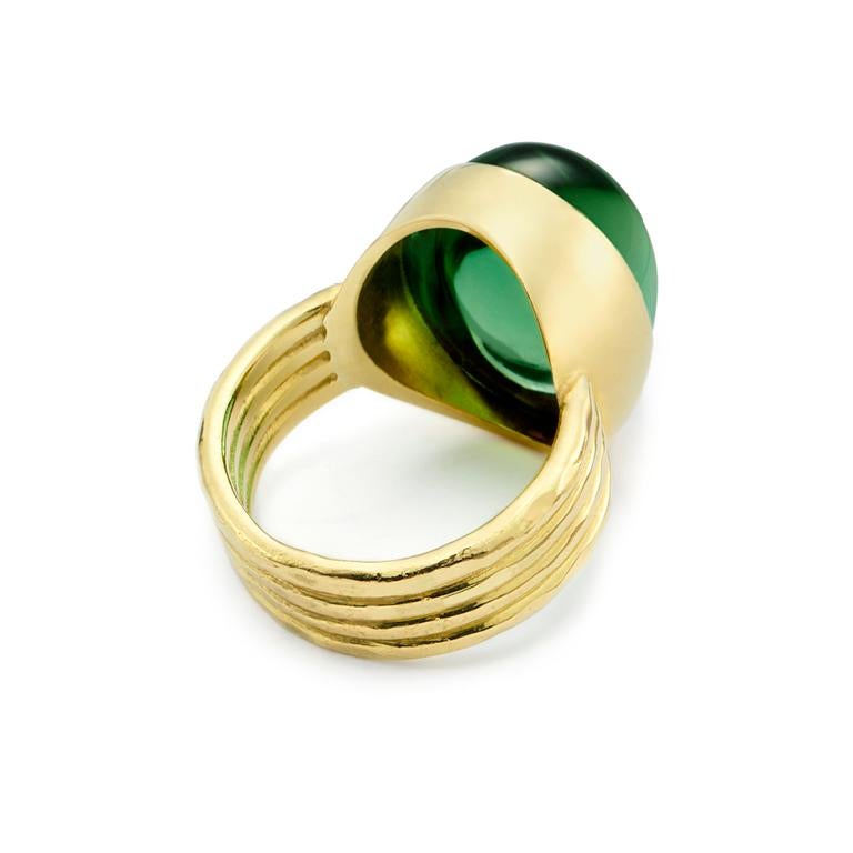 Cabochon 25.82 Carat Green Tourmaline Four Band Ring Set in Hammered 18 Karat Gold For Sale